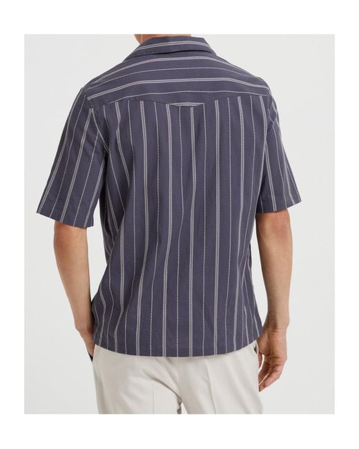 Brunello Cucinelli Blue Striped Short-Sleeved Shirt for men