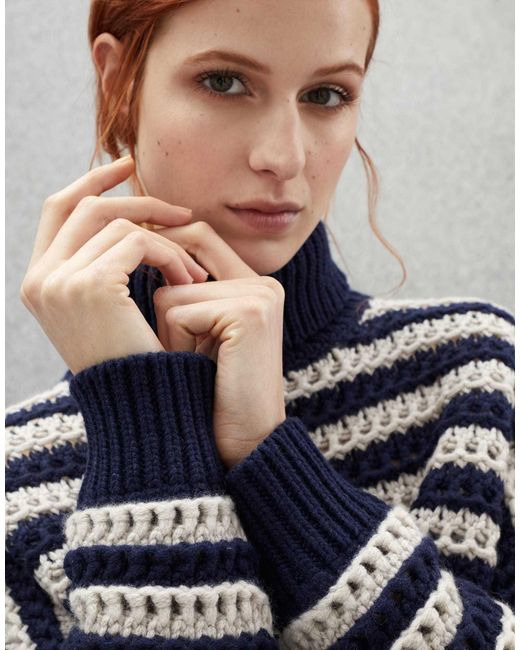 Brunello Cucinelli Blue Stripe-Print Turtleneck Jumper
