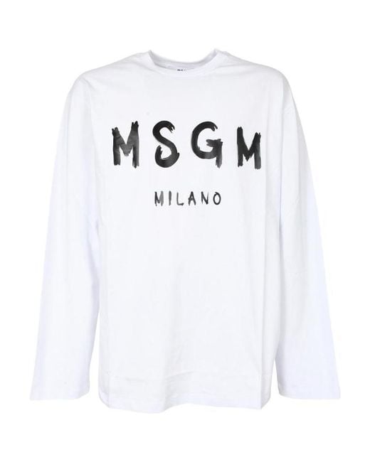 MSGM White Logo Printed Long-Sleeved T-Shirt for men