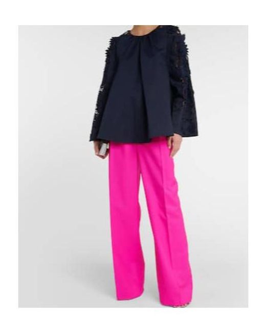 Oscar de la Renta Blue Lace-Detail Cotton Blouse