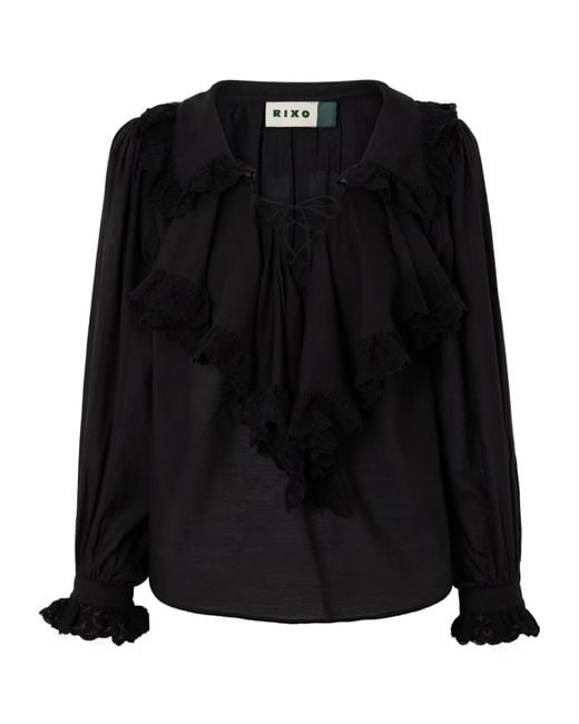 Rixo Black Milia Ruffled Lace-Trim Blouse