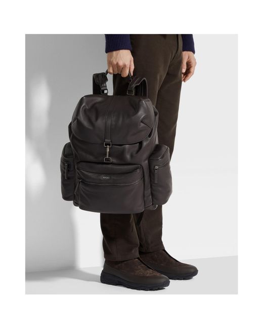 Zegna Black Leather Backpack for men