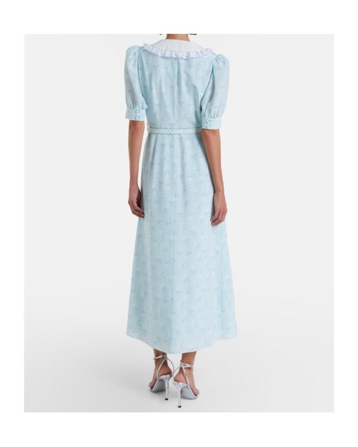 Alessandra Rich Blue Floral Pattern Silk Midi Dress