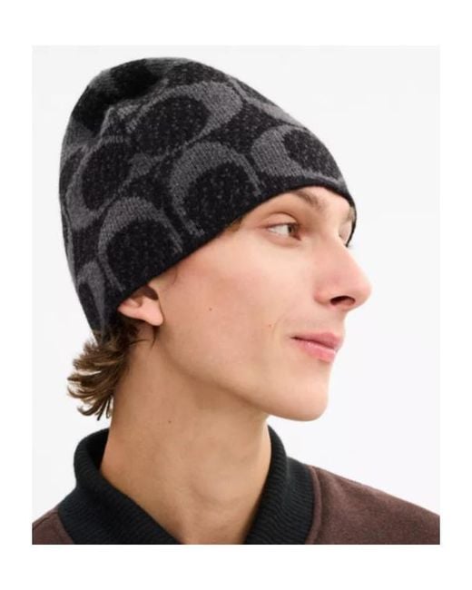 COACH Black Logo-Patterned Beanie for men