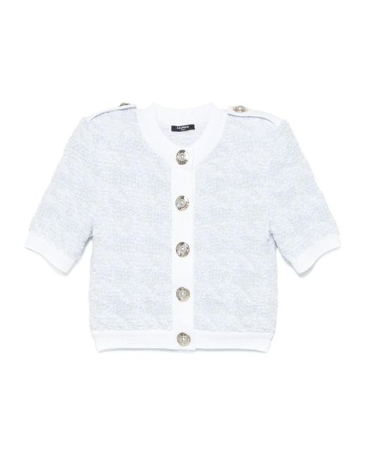 Balmain White Short-Sleeve Tweed Cardigan