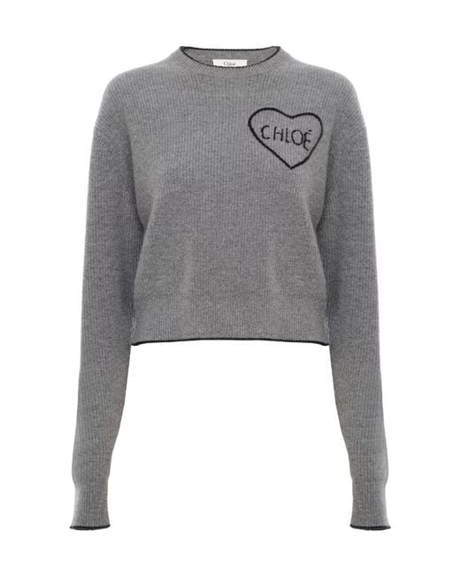 Chloé Gray Chloé Logo Intarsia Knit Sweater