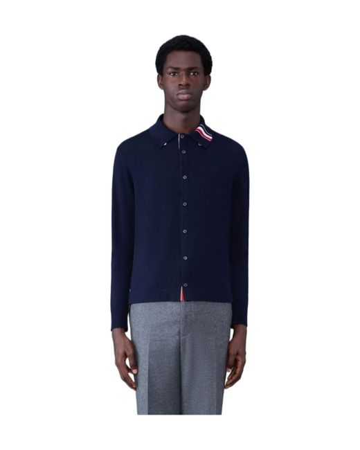 Thom Browne Blue Contrasting Stripe-Trim Knit Cardigan for men