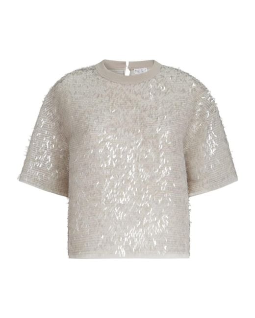 Brunello Cucinelli Gray Dazzling Cascade Embroidery T-Shirt