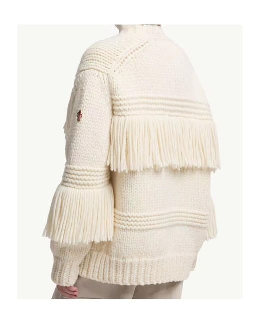 Moncler Natural Grenoble Fringe-Trim V-Neck Cardigan