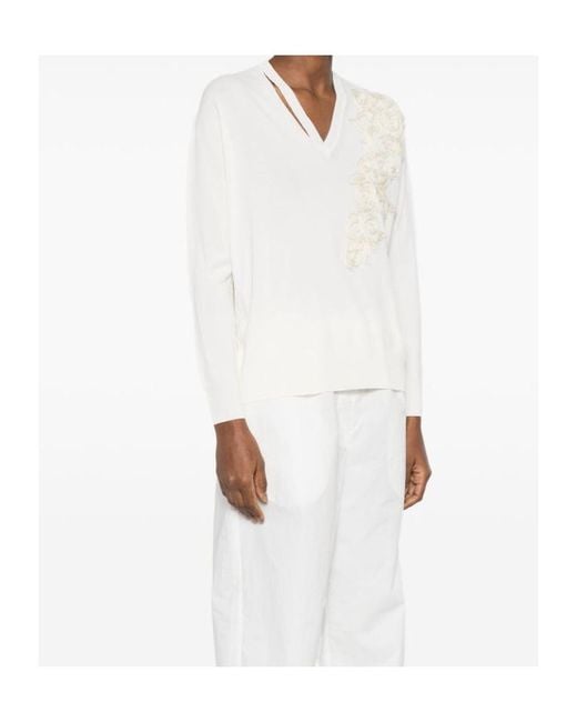 ERMANNO FIRENZE White Floral-Embroidered V-Neck Sweater