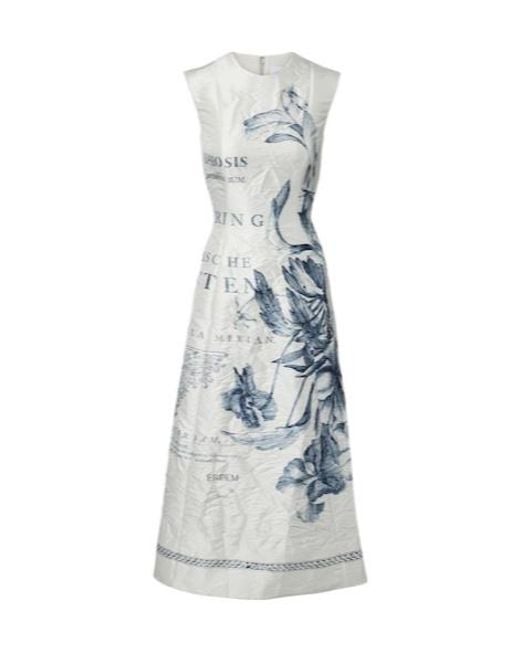 Erdem Blue Printed Satin Twill Midi Dress