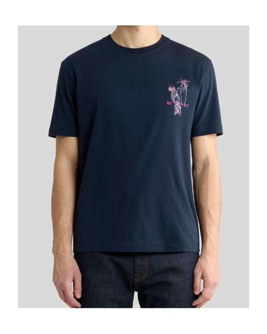 Etro Blue Parrot Logo Printed T-Shirt for men