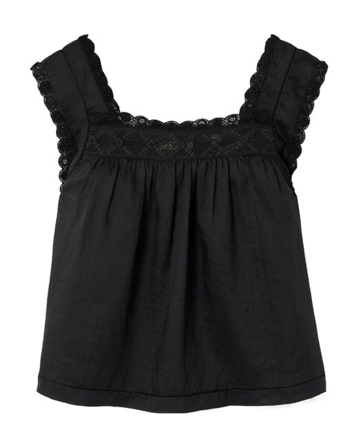 Doen Black Crochet-Trimmed Ramie Top