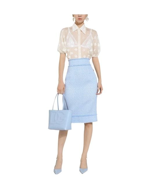 Dolce & Gabbana Blue Calf-Length Raschel Tweed Pencil Skirt With Dg Logo