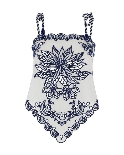 Farm Rio Blue Floral-Embroidered Scalloped Trim Top