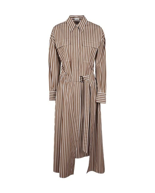 Brunello Cucinelli Brown Belted Striped Dress