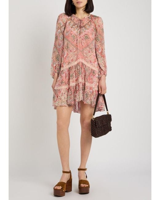 Rixo Pink Patterned Georgette Mini Dress