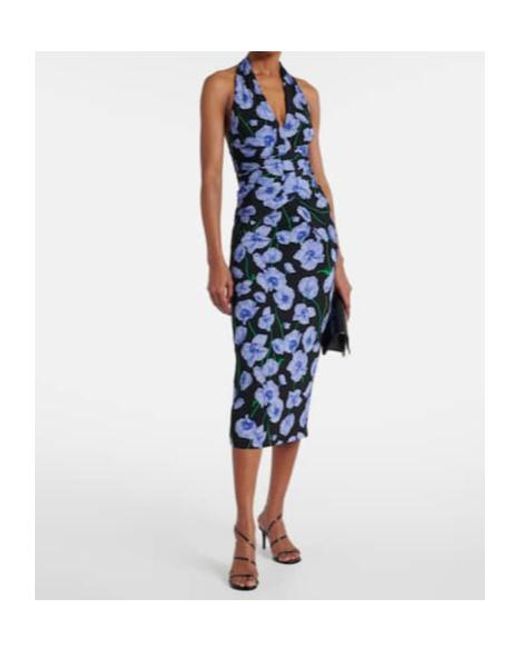 Carolina Herrera Blue Floral Gathered Midi Dress
