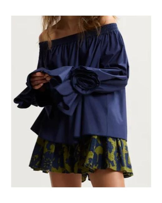 Essentiel Antwerp Blue Strapless Cotton Top With Rosette Details