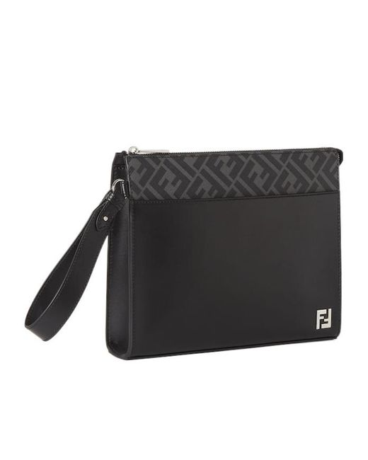 Fendi Black Logo Plaque Zipped Clutch Bag for men