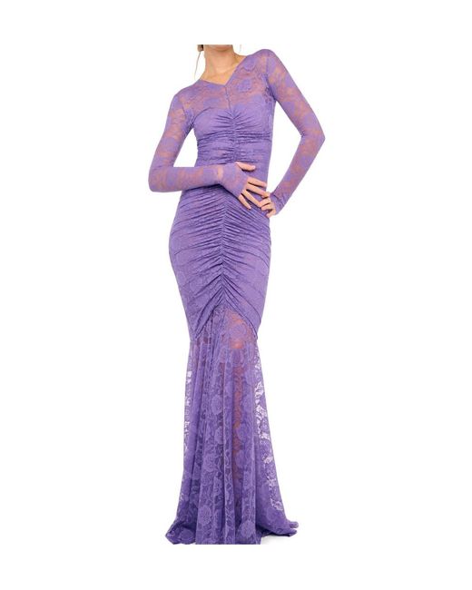 Norma Kamali Purple V Neck Shirred Front Fishtail Gown