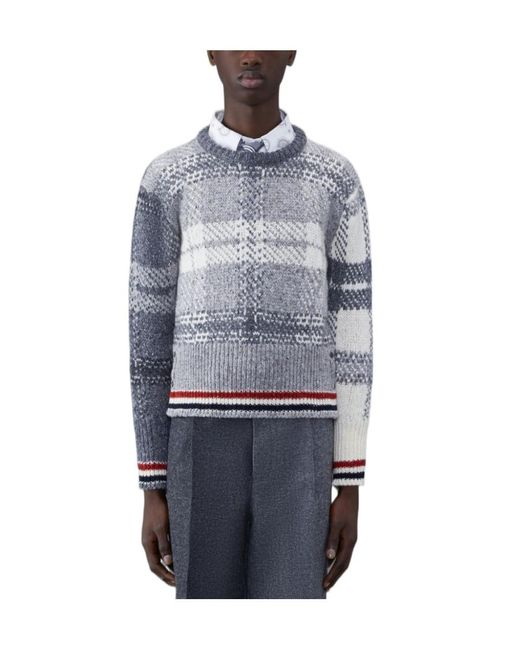 Thom Browne Gray Tartan Printed Ribbed Pullover for men
