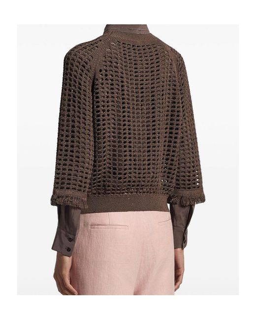 Peserico Brown Openwork Fringed Knitted Sweater