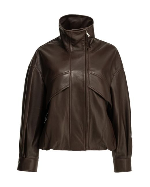 Nour Hammour Brown High-Neck Leather Jacket