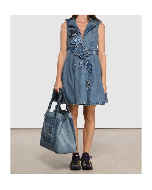 Ganni Blue Floral Appliqué Denim Dress