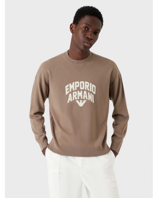 Emporio Armani Gray Logo Round-Neck Knitted Wool Sweater for men