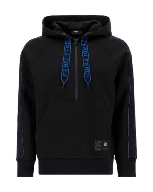 Fendi Men's Blue Logo-Tape Zip-Fastening Hoodie