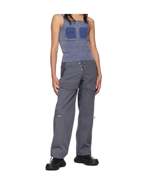 Dion Lee Blue Lace-Up Twill Cargo Trousers for men