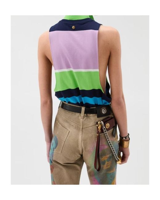 Versace Blue Embroidered Striped Tank Top