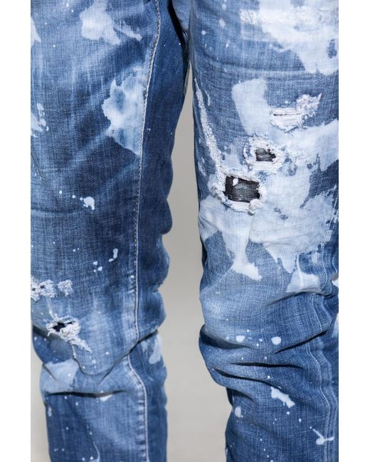 DSquared² Blue Paint-Splatter Distressed Straight-Leg Jeans for men