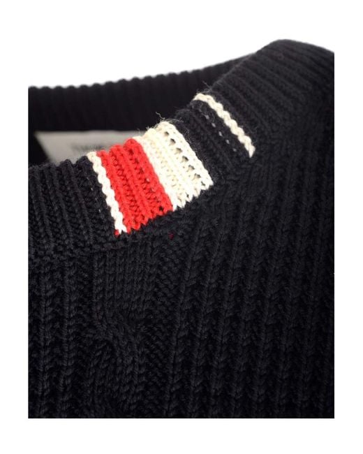 Thom Browne Blue Rwb-Striped Cable-Knitted Crewneck Jumper for men