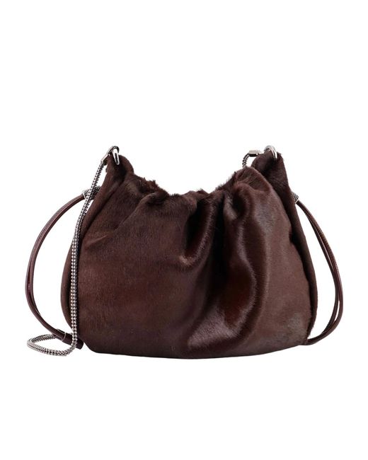 Brunello Cucinelli Brown Monili Detail Drawstring Shoulder Bag