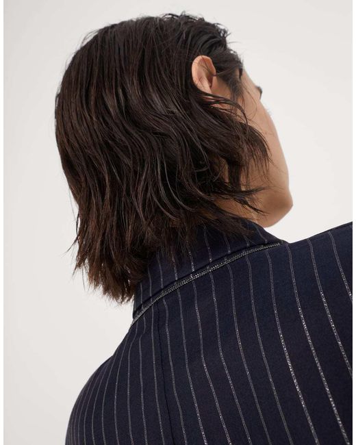 Brunello Cucinelli Blue Sparkling Stripe Cotton Gauze Jacket With Belt And Necklace