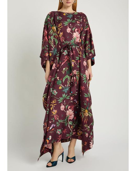 LaDoubleJ Red Square Belted Printed Silk Kaftan Dress