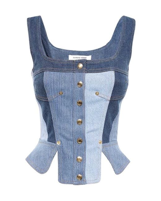 MARINE SERRE Blue Regenerated Denim Bustier Top