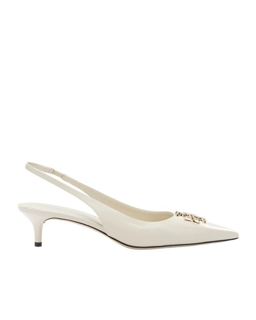Tory Burch White Logo Slingback Heeled Pumps