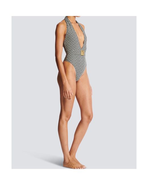 Balmain Black Pb Labyrinth-Print Swimsuit
