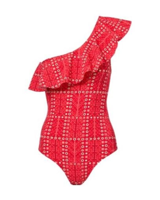 Isabel Marant Red Sicilya Ruffled Printed Swimsuit