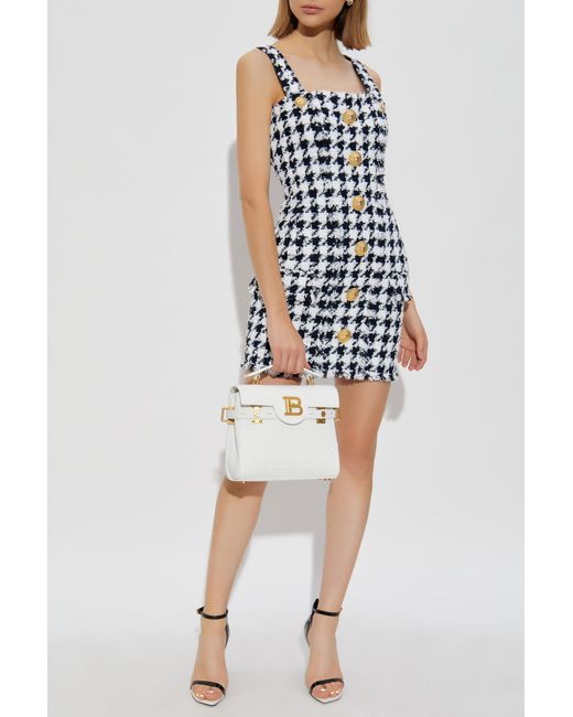 Balmain Blue Houndstooth Button Detailed Tweed Dress