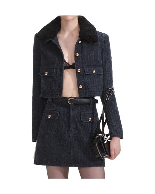 Self-Portrait Black Textured Denim Jacket