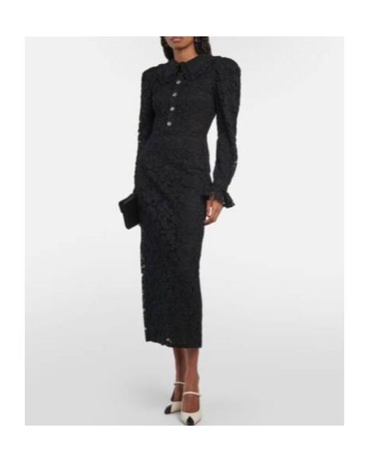 Alessandra Rich Black Puff-Sleeve Cotton Blend Lace Midi Dress