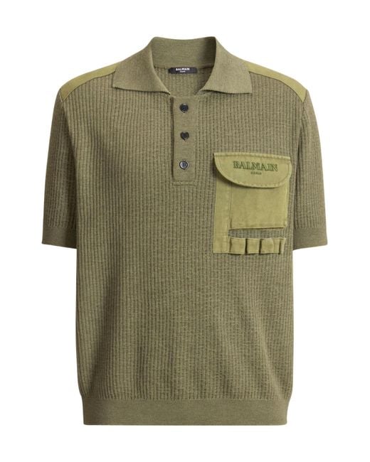 Balmain Green Vintage Utility Ribbed Knit Polo for men