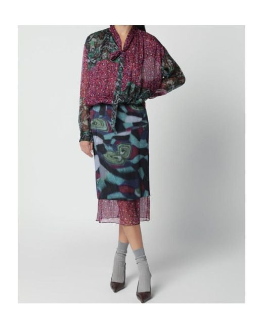 Dries Van Noten Blue Silk-Blend Print Skirt