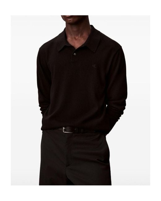 Calvin Klein Black Merino Wool Polo Jumper for men