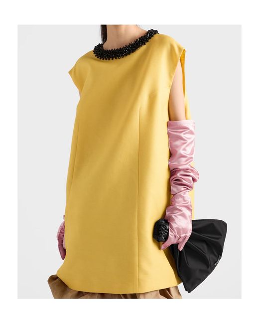 Prada Yellow Embroidered Slubbed Gazar Dress