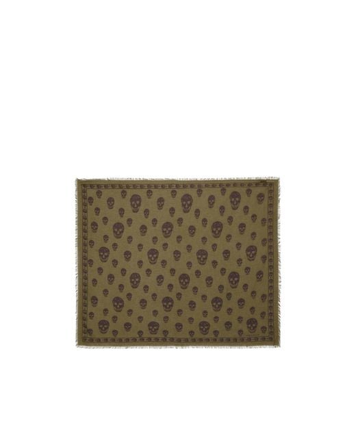McQueen Green Classic Skull Printed Frayed-Edeg Scarf for men